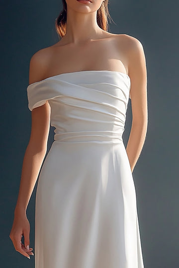 One Shoulder Satin A Line White Engagement Dress